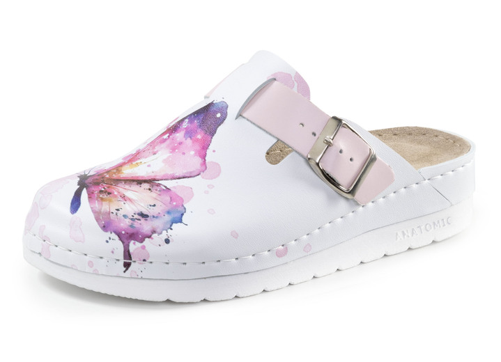 Komfortschuhe - ELENA EDEN Clog mit hübschem Schmetterlings-Druck, in Größe 036 bis 041, in Farbe WEISS-BUNT Ansicht 1