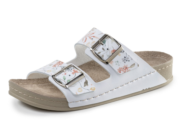 Komfortschuhe - ELENA EDEN Pantolette aus teilweise floral bedrucktem Synthetik, in Größe 036 bis 042, in Farbe WEISS-BUNT Ansicht 1