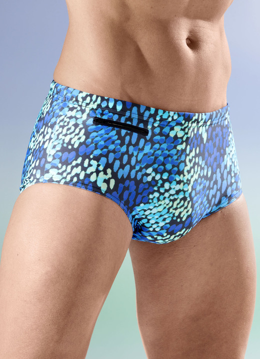 Bademode - Badehose in höherer Slipform, in Größe 004 bis 010, in Farbe BLAU-SCHWARZ-BUNT