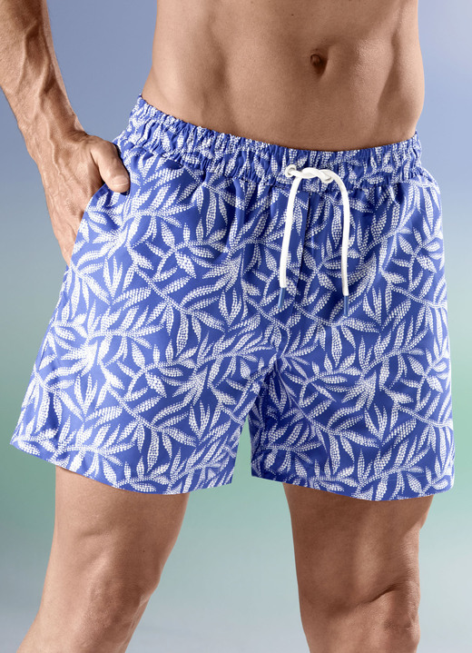 Bademode - Badeshorts, allover dessiniert, Microfaser, in Größe 004 bis 012, in Farbe BLAU-WEISS