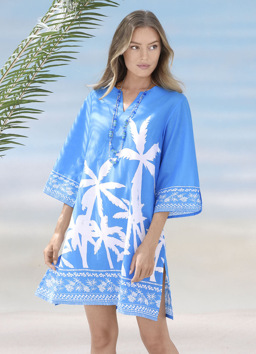 Strandmode - Tunika mit Palmendruck, reine Baumwolle, in Größe 036 bis 056, in Farbe BLAU-WEISS Ansicht 1