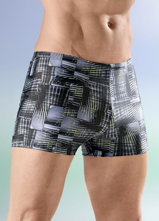 Bademode - Schwab Badehose in höherer Kastenform, in Größe 005 bis 013, in Farbe SCHWARZ-GRAU-GELB