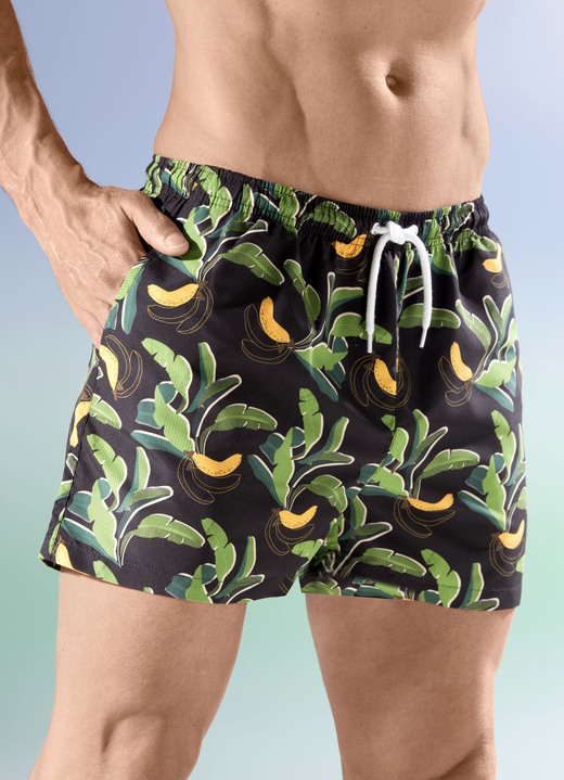 Bademode - Badeshorts, allover dessiniert, Microfaser, in Größe 004 bis 012, in Farbe SCHWARZ-GRÜN-BUNT