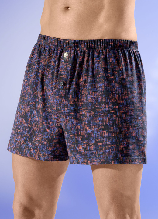 Unterwäsche - Viererpack Boxershorts mit knöpfbarem Eingriff, in Größe 005 bis 016, in Farbe 2X SCHWARZ-BLAU-TERRA, 2X SCHWARZ-BLAU-GRAU Ansicht 1