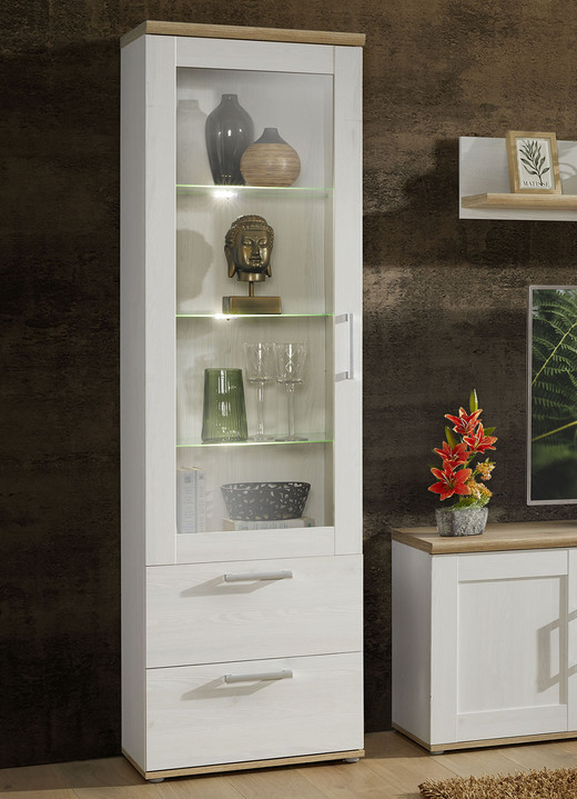 Vitrinen & Highboards - Wohnzimmermöbel-Programm mit LED-Beleuchtung, in Farbe WEISS-EICHE, in Ausführung Vitrine Ansicht 1