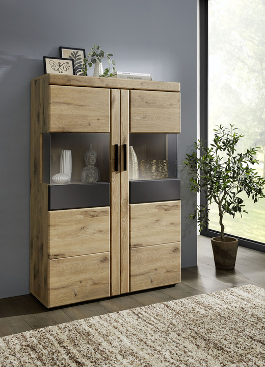 Vitrinen & Highboards - Vitrine mit anthrazitfarbenen Elementen, in Farbe EICHE-ANTHRAZIT, in Ausführung Vitrine 2-türig, niedrig Ansicht 1