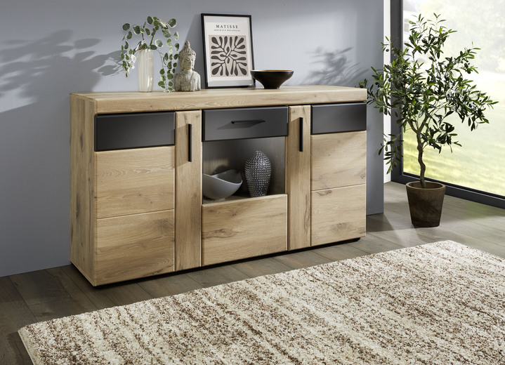 Sideboards & Kommoden - Kommode mit anthrazitfarbenen Elementen, in Farbe EICHE-ANTHRAZIT, in Ausführung Kommode, 3-türig mit Glasfront Ansicht 1