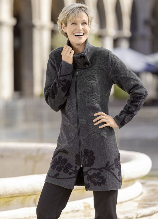 Jacken, Westen & Sets - Long-Strickjacke mit Cloqué-Effekten, in Größe 038 bis 054, in Farbe ANTHRAZIT-SCHWARZ Ansicht 1