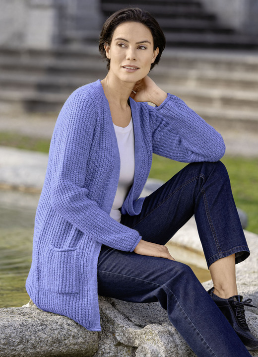 Jacken, Westen & Sets - Long-Strickjacke in Perlfang, in Größe L(44/46) bis XXL(52/54), in Farbe JEANSBLAU MELIERT Ansicht 1