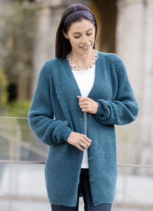 Jacken, Westen & Sets - Long-Strickjacke in Perlfang, in Größe 038 bis 054, in Farbe PETROL MELIERT Ansicht 1