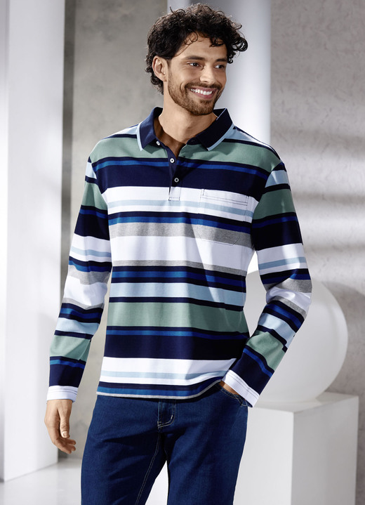 Hemden, Pullover & Shirts - Poloshirt mit Seitenschlitzen, in Größe 046 bis 062, in Farbe JADEGRÜN-MARINE-WEISS Ansicht 1
