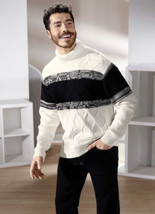 Hemden, Pullover & Shirts - Rollkragenpullover mit Zopfmuster, in Größe 046 bis 062, in Farbe NATUR-SCHWARZ Ansicht 1