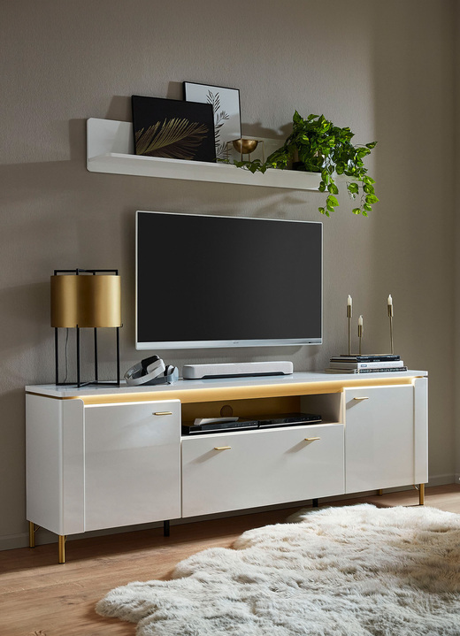 Hifi- &  TV-Möbel - TV-Longboard mit LED-Beleuchtung und Wandregal, in Farbe WEISS-GOLD, in Ausführung groß Ansicht 1
