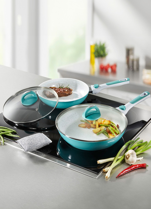 Töpfe, Pfannen & Bräter - Pfannen-Set mit abnehmbaren Silikongriffe, in Farbe WEISS-MINT Ansicht 1