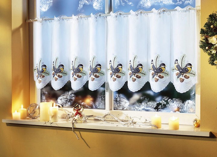 Landhaus & Küche - Kurzstore Vögel mit Plauener Stickerei, in Größe 788 (H45xB96 cm) bis 793 (H45xB192 cm), in Farbe WEISS-BLAU