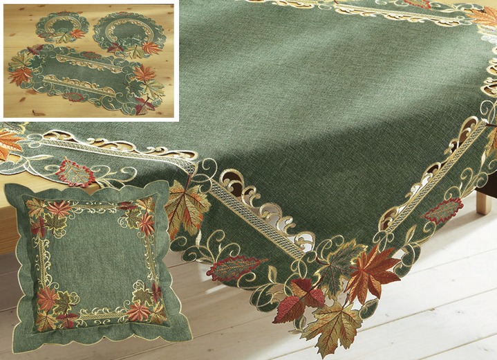 Tischdecken - Tisch- und Raumdekoration mit Herbstlaub-Stickereien, in Größe 101 (Läufer oval, 30x 70 cm) bis 404 (Kissenhülle, 40x 40 cm), in Farbe GRÜN