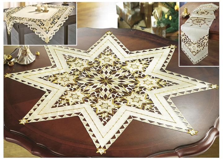 Tischdecken - Wunderhübsch bestickte Tischdekoration, in Größe 130 (Stern, 2er-Set, ø 30 cm) bis 190 (Tischdecke, 85x85 cm), in Farbe CREME Ansicht 1
