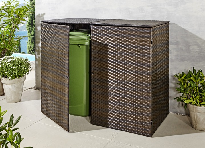 Gartenzubehör - Doppel-Mülltonnenschrank mit witterungsbeständigem Kunststoffgeflecht, in Farbe BRAUN, in Ausführung Für 2 kleine Tonnen Ansicht 1