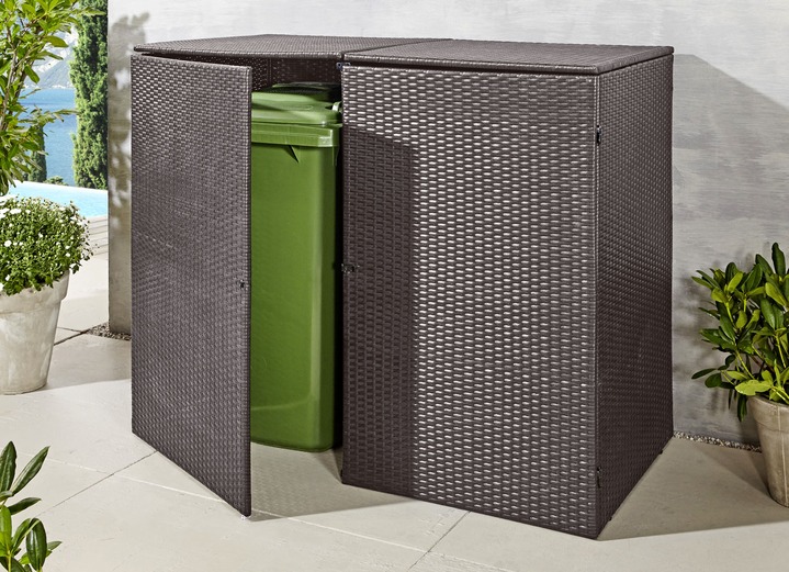 Gartenzubehör - Doppel-Mülltonnenschrank mit witterungsbeständigem Kunststoffgeflecht, in Farbe ANTHRAZIT, in Ausführung Für 2 kleine Tonnen Ansicht 1