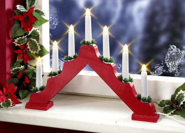 Weihnachtliche Dekorationen - Leuchter, 7-flammig, aus Holz, in Farbe ROT Ansicht 1