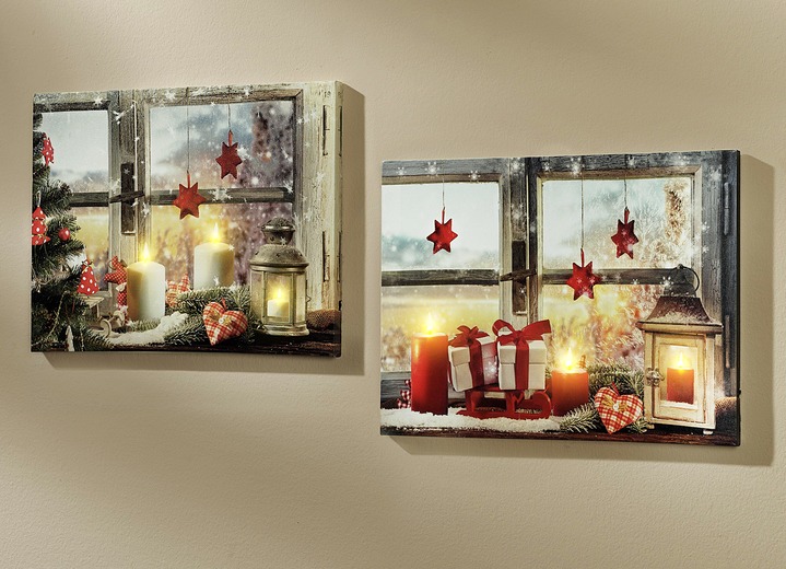 Weihnachtliche Dekorationen - Batteriebetriebene LED-Bilder, 2er-Set, auf Leinwand, in Farbe