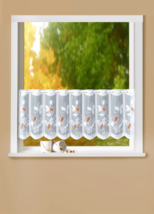 Klassisch - Kurzstore Blätter mit Stangendurchzug, in Größe 788 (H45xB105 cm) bis 862 (H60xB150 cm), in Farbe WEISS-BRAUN Ansicht 1