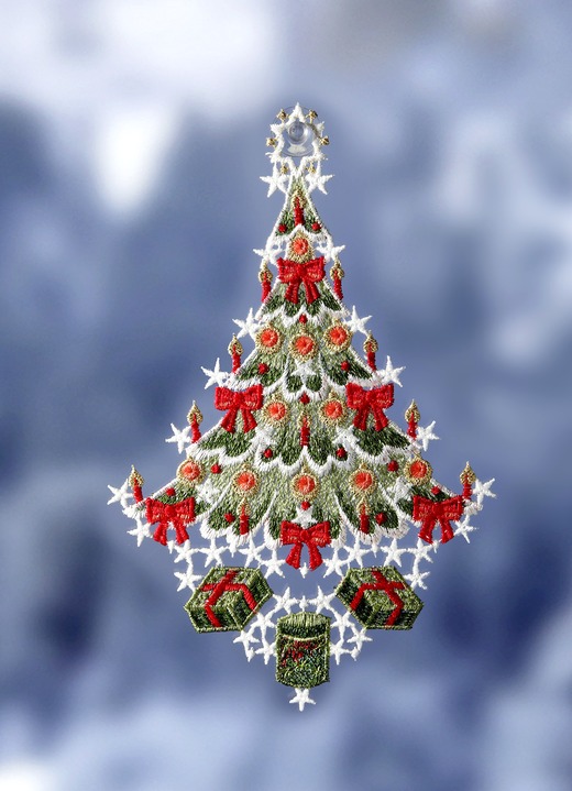 Fensterdekorationen - Fensterbild Weihnachtsbaum aus echter Plauener Spitze, in Farbe GRÜN-ROT