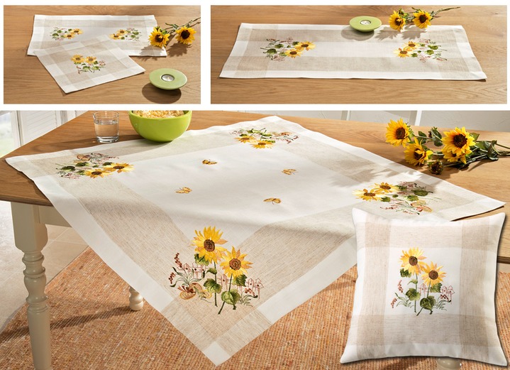 Tischdecken - Tisch- und Raumdekoration mit Sonnenblumen-Motiven, in Größe 101 (Deckchen, 35x 50 cm) bis 404 (Kissenbezug, 40x 40 cm), in Farbe BEIGE