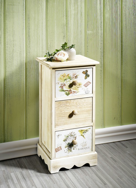 Regale & Schränke - Kommoden mit Blumen-Schmetterlings-Motiv, in Farbe NATUR-WEIß, in Ausführung Kommode mit 3 Schubladen Ansicht 1
