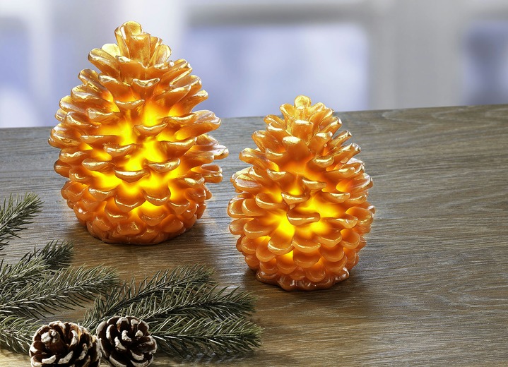 Weihnachtliche Dekorationen - LED-Zapfen mit Flackereffekt, 2er-Set, in Farbe GOLD Ansicht 1