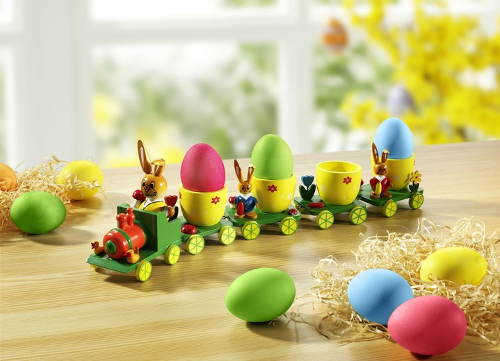 Ostern - Osterzug mit Waggons die als Eierbecher dienen, in Farbe GRÜN-GELB