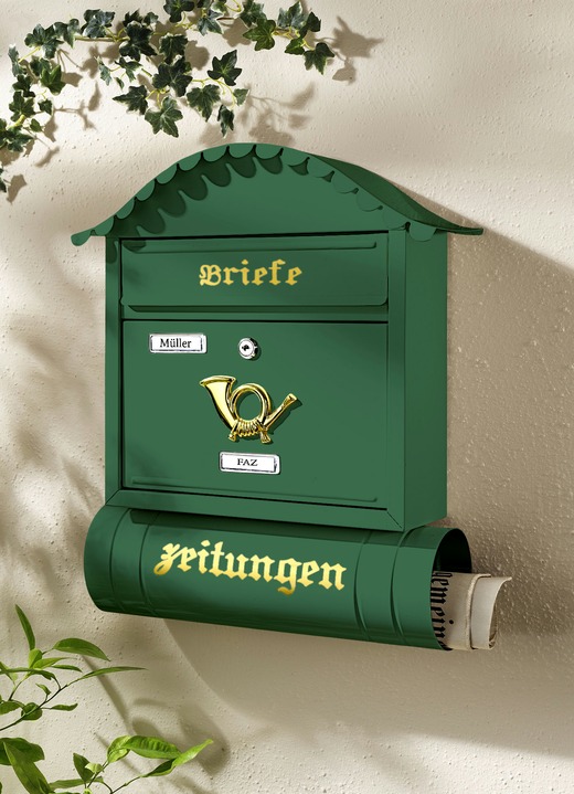 Gartenzubehör - Briefkasten aus verzinktem Stahl mit Zeitungsrohr, in Farbe GRÜN Ansicht 1