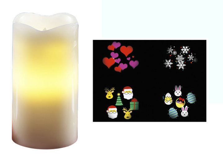 Weihnachtliche Dekorationen - LED-Echtwachskerze mit Projektor, in Farbe CREME, in Ausführung Mit 4 verschiedenen, austauschbaren Motiven