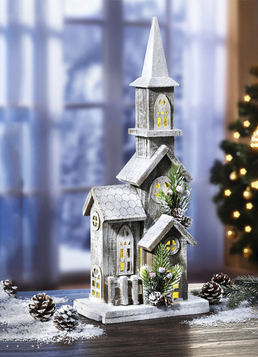 Weihnachtliche Dekorationen - Beleuchtete Kirche, batteriebetrieben, in Farbe BRAUN-WEIß