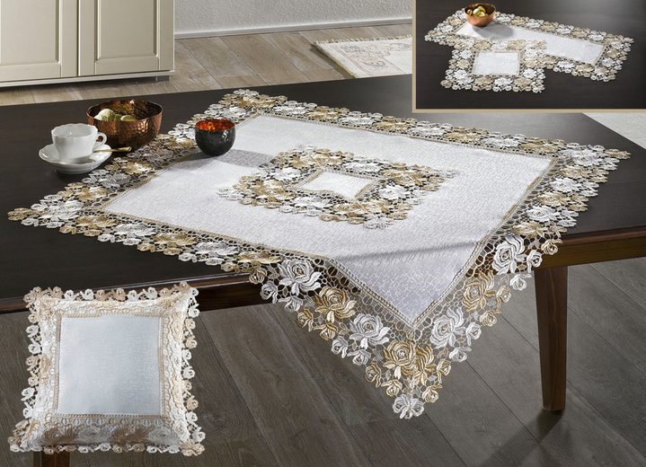 Tischdecken - Elegante Tischdekoration in Spitzen-Optik, in Größe 101 (Läufer, 40x 90 cm) bis 404 (Kissenbezug, 40x 40 cm), in Farbe CREME