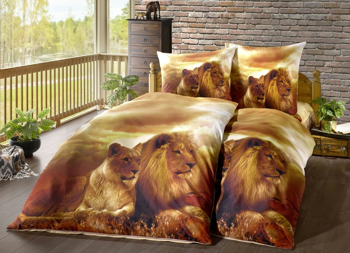 Bettwäschegarnituren - Bettwäsche mit Löwen, in Größe 111 (40x80 cm + 135x200 cm) bis 115 (80x80 cm + 155x220 cm), in Farbe BEIGE
