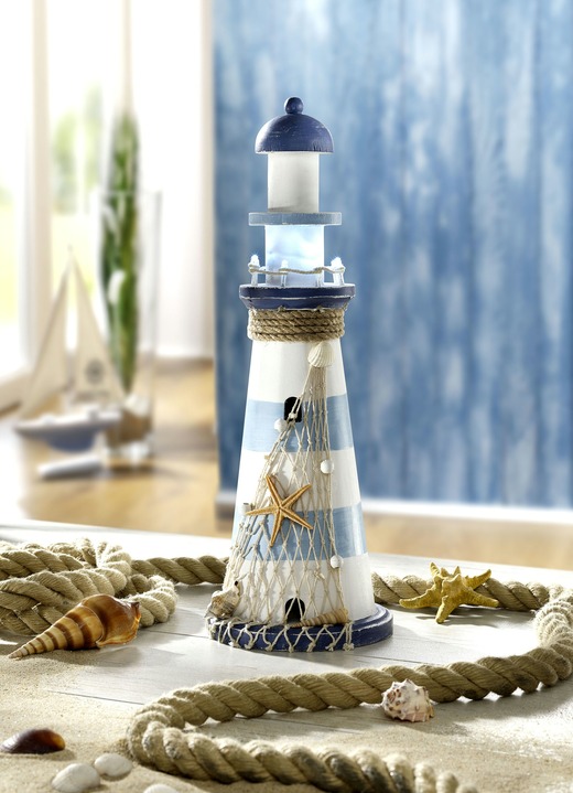 Wohnaccessoires - Leuchtturm mit LED-Beleuchtung, in Farbe BLAU-WEISS
