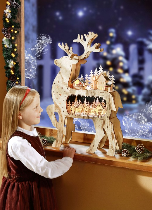 Weihnachtliche Dekorationen - Beleuchtetes Rentier aus Holz, in Farbe NATUR