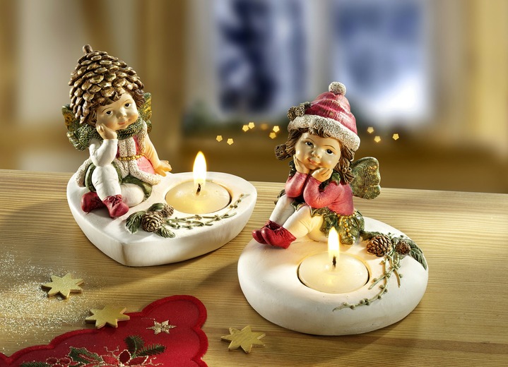 Weihnachtliche Dekorationen - Teelichthalter Winterkinder, 2er-Set, in Farbe WEISS