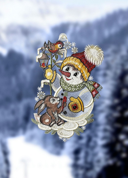 - Fensterbild aus Plauener Spitze mit Schneemann-Motiv, in Farbe BUNT