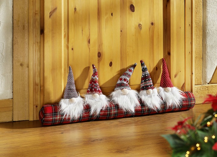 Weihnachtliche Dekorationen - Zugluftrolle mit Wichtel, in Farbe ROT-GRAU