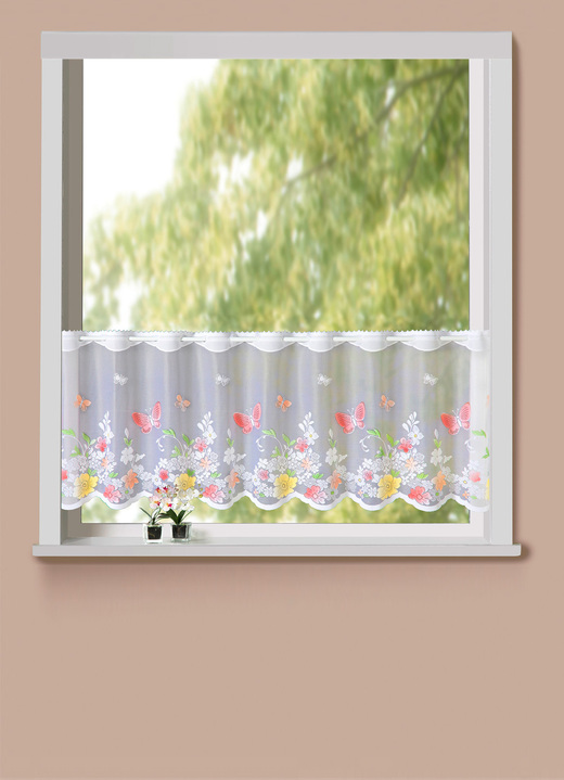 Tisch- & Fensterdekorationen - Kurzstore aus handkoloriertem Jacquard, in Größe 784 (H45xB 90 cm) bis 861 (H60xB150 cm), in Farbe WEISS-BUNT Ansicht 1