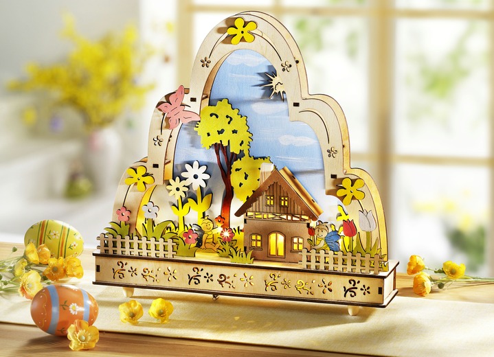 Dekorationen - Frühlingdekoration aus Holz mit eingebautem Spielwerk, in Farbe NATUR