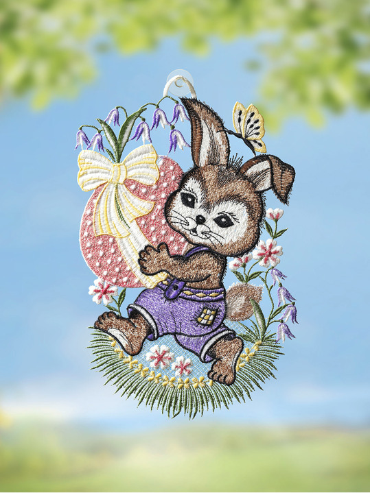 Tisch- & Fensterdekorationen - Fensterbild Osterhase mit Ei aus Plauener Spitze, in Farbe BUNT