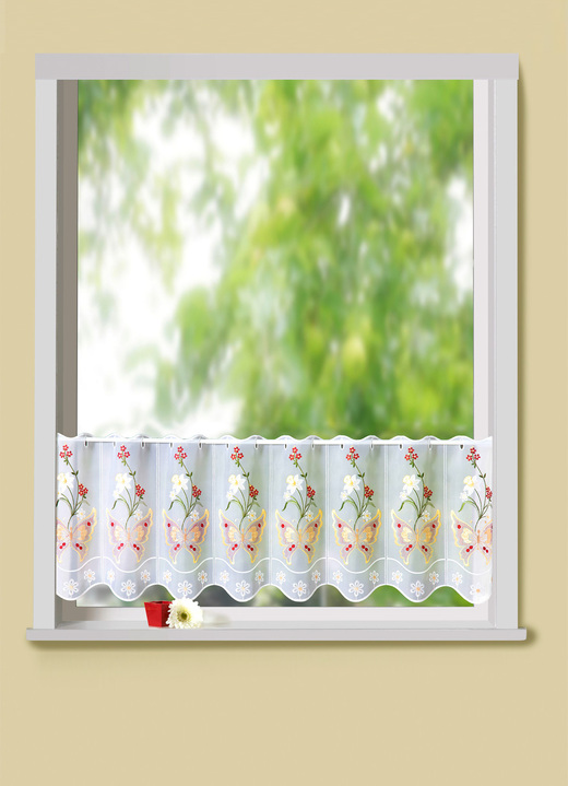 Landhaus & Küche - Kurzstore Schmetterling mit Plauener Stickerei, in Größe 788 (H40xB 95 cm) bis 860 (H65xB160 cm), in Farbe WEISS-BUNT Ansicht 1