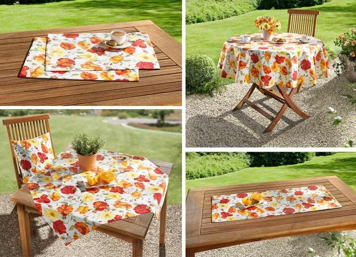 Tischdecken - Tischdekoration mit Sommerblüten-Dessin , in Größe 101 (Läufer, 40x100 cm) bis 404 (Kissenbezug, 40x 40 cm), in Farbe WEIß-ORANGE