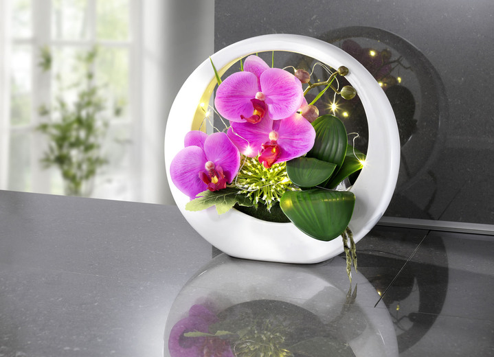 Wohnaccessoires - Gesteck mit LED-Beleuchtung, in Farbe WEIß-ROSA, in Ausführung Orchideen-Gesteck Ansicht 1
