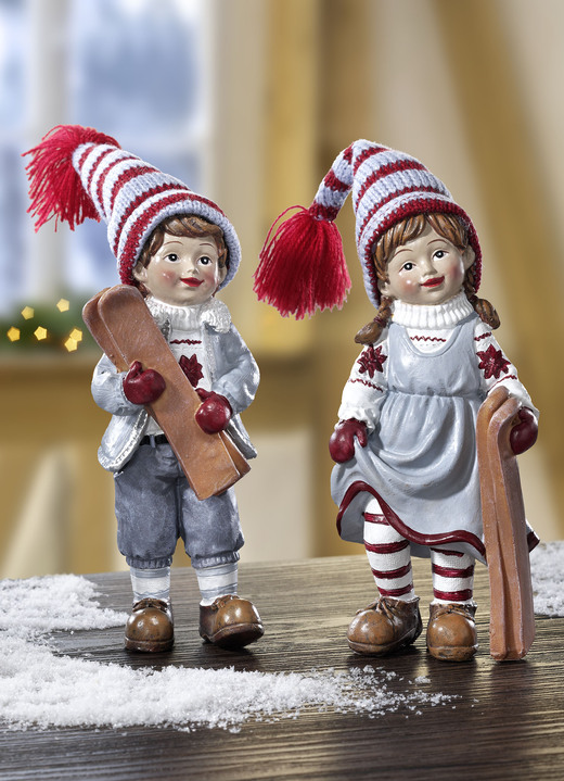Weihnachtliche Dekorationen - Winterkinder, 2er-Set, in Farbe ROT-GRAU, in Ausführung Winterkinder mit Skiern Ansicht 1