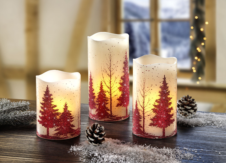 Weihnachtliche Dekorationen - Batteriebetriebene LED-Kerzen, 3er-Set, in Farbe CREME-ROT