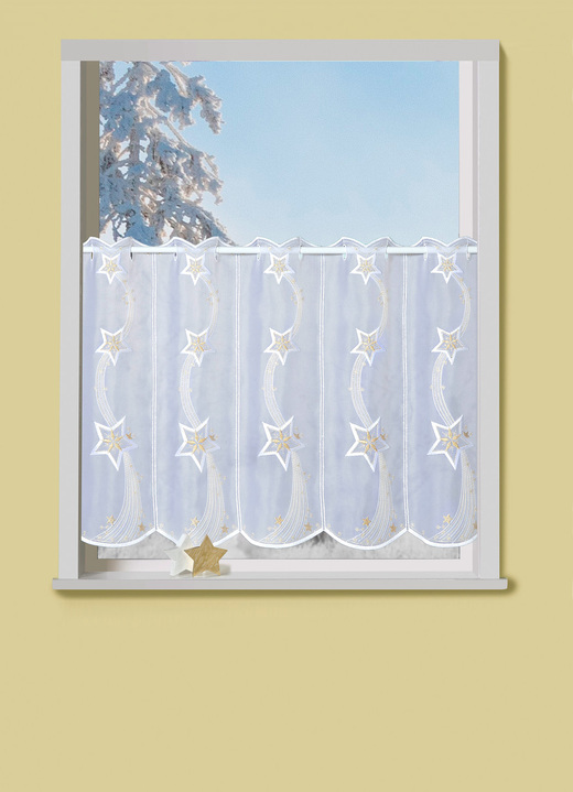 Fensterdekorationen -  Kurzstore mit Stangendurchzug, in Größe 661 (H30xB 95 cm ) bis 876 (H50xB160 cm ), in Farbe WEIß-GOLD Ansicht 1